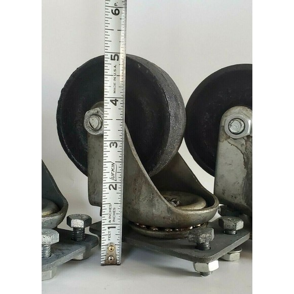 Industrial Factory Cast Iron Swivel Castors w/ Bolts, Vtg Heavy Duty 3.5" Wheels - Picture 8 of 12